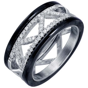 Bague PYRAMIDA CERAMICS STEEL Black Silver Jonc ajouré...