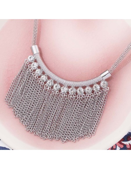 Collier CAIDAL White Silver Plastron pavé à frange Rivière Argenté et Blanc Rhodium Cristal