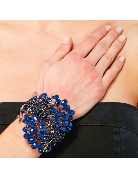 Bracelet WINGSOL Night Blue Silver Manchette rigide ajourée Ailes de paon Argenté et Bleu Nuit Rhodium Cristal et Résines