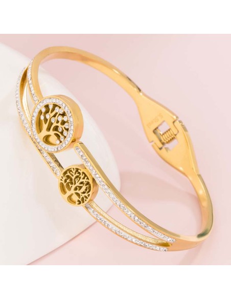 Bracelet EVANATUR White Gold Jonc rigide Arbre de vie ajouré Doré et Blanc Acier inoxydable doré à l'or fin