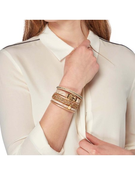 Bracelet VIDA Beige Nude Gold Manchette souple Multirangs Arbre de vie ajouré Doré et Beige Nude Rhodium et Simili-Cuir Cristal