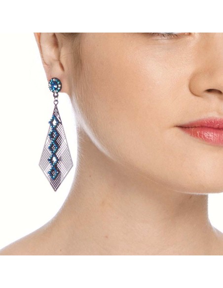 Boucles d'oreilles CAMANI Blue Silver Pendantes pavées ajourées Géométrique Argenté et Bleu Rhodium Cristal