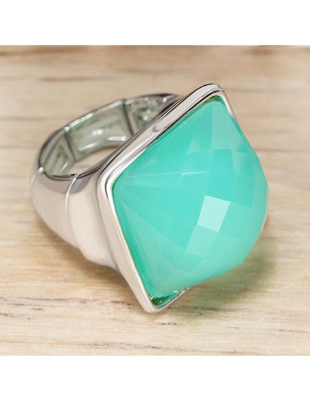 Bague ICE SQUARE Turquoise Silver Cabochon réglable élastique Dôme opaque Argenté et Turquoise Rhodium Pâte de verre