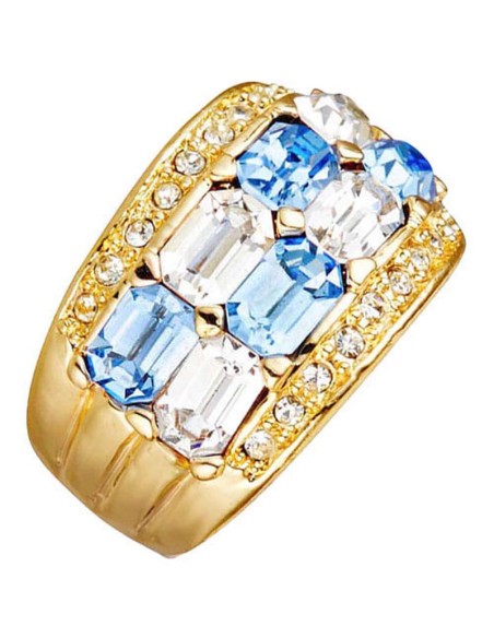 Bague DEMIS Sky Blue Gold Cocktail pavé Damier Doré et Bleu Ciel Laiton doré à l'or fin Cristaux sertis