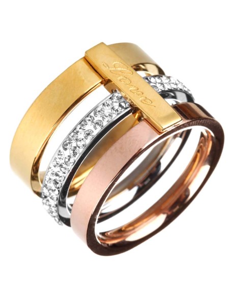 Bague LOVE ORIGINS 3 ORS All Gold Jeu de 3 anneaux reliés Trois ors message Love Argenté Doré Rosé Acier inoxydable Cristal