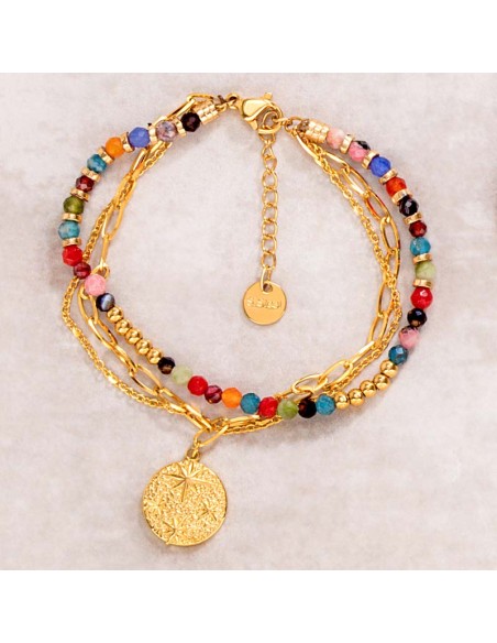 Bracelet GALAXIS CRYSTAL STEEL Color Gold Bracelet perles multirang Symbole stellaire Multicolore Acier inoxydable doré Cristal