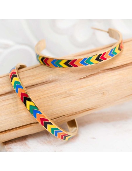 Boucles d'oreilles LIAM Color Gold Créoles plates Ethnique amérindien Doré et Multicolore Acier inoxydable doré à l'or fin émaux