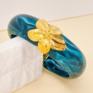 Bracelet FLORUS STEEL Blue Gold Jonc rigide Fleur Doré et...
