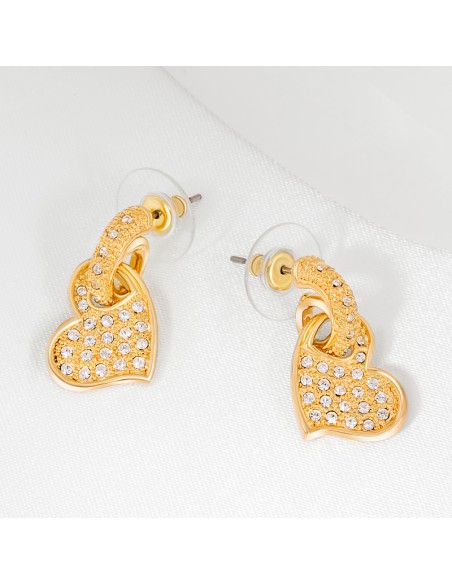Boucles d'oreilles LOVOS White Gold Pendantes courtes pavées Cœur Doré et Blanc Laiton doré à l'or fin Cristal