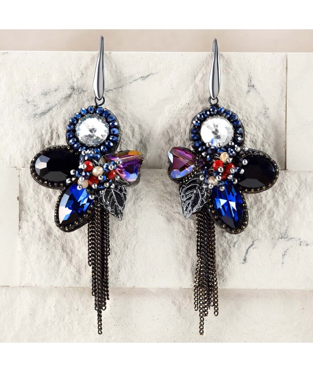 Boucles d'oreilles KRISTOS NIGHT BLUE pendantes argent et bleu nuit cristal motif floral