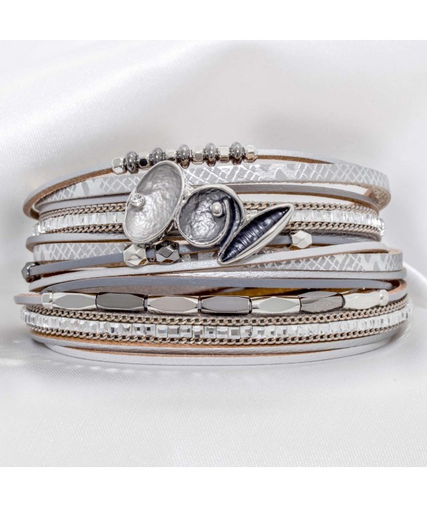 Bracelet VALIONA GREY SILVER double tour multirangs cuir gris et lamé argent cristal et fermoir aimanté