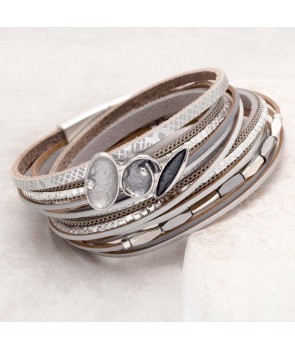 VALIONA GRAY SILVER double wrap multirow bracelet in gray leather and silver lamé crystal and magnetic clasp 2