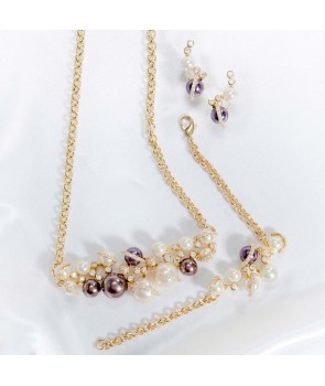 Set MADREPERLINE WHITE & BROWN GOLD set necklace bracelet earrings golden brown and white pearls and crystal