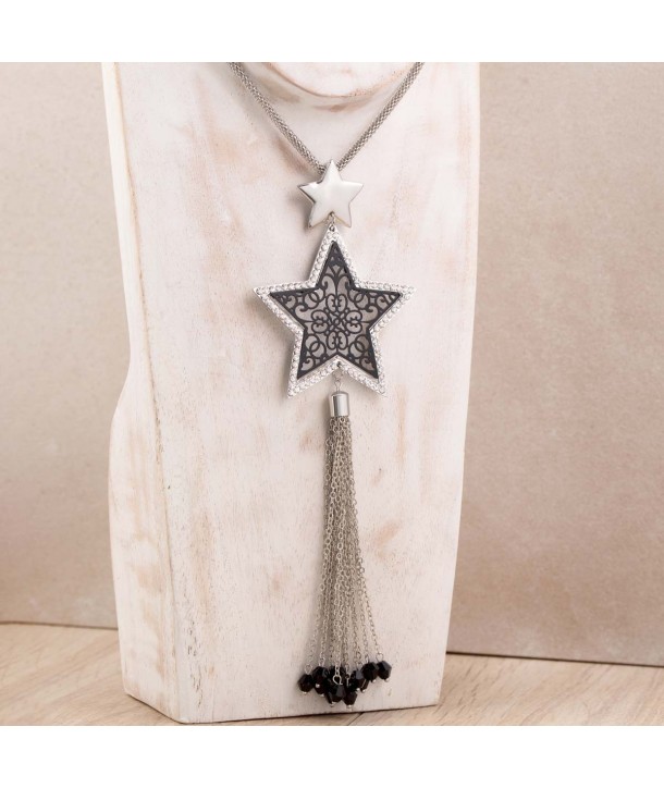 Collier ESTRELLA BLACK SILVER sautoir pendentif étoile argent ajourée filigrane noir et cristal
