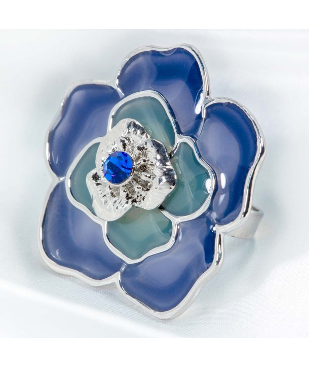 Bague CAMELIOS BLUE SILVER réglable ajustable fleur bleue pâtes de verre et cristal