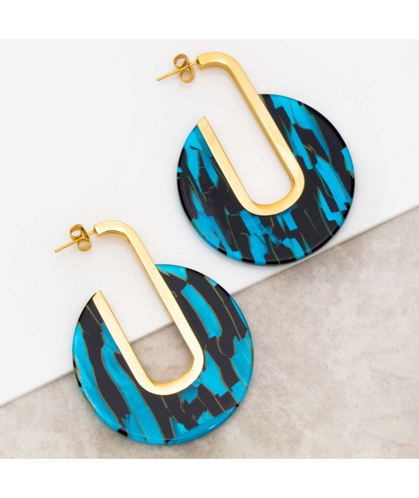 KAMPALA STEEL BALTIMORE BLUE GOLD earrings dangling hoop earrings golden steel blue tiger resins