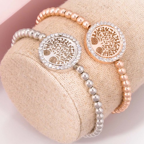 EVOVA Rose Gold & Silver bracelet set of flexible silver and pink stretch bracelets with openwork tree of life and crystal