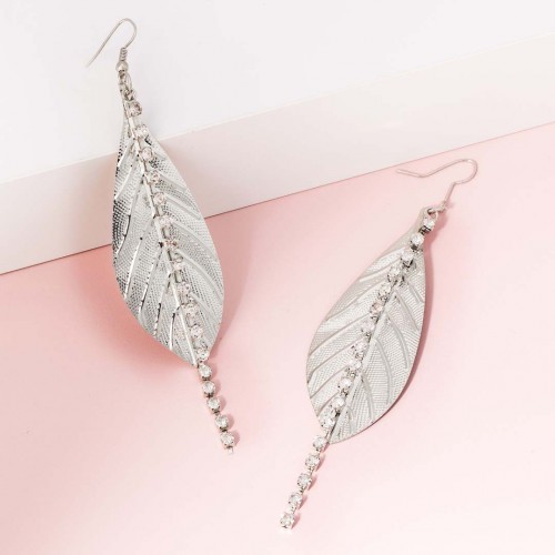 LEAVES PRINT White Silver Earrings Long Dangling Silver Leaf and White Rhodium Crystals Set