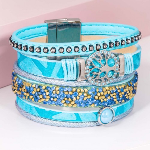 EVACIOSA Blue Silver Bracelet Flexible Multirow Cuff Tree of Life Openwork Silver and Blue Rhodium and Faux Leather Crystal
