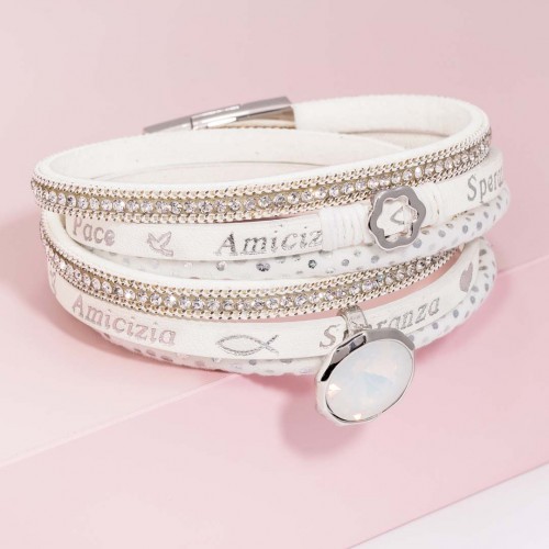 SPERANZA White Silver Double Tour Multirow Bracelet Lucky Message Silver and White Rhodium and Crystal Imitation Leather
