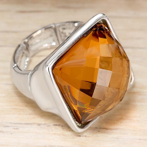 ICE SQUARE Beige Topaz Silver Ring Cabochon adjustable elastic Transparent dome Silver and Beige Topaz Rhodium Glass paste