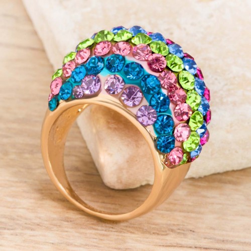 Ring CANDY Color Gold Cocktail pavé Golden and Multicolor Dome Rhodium Crystal