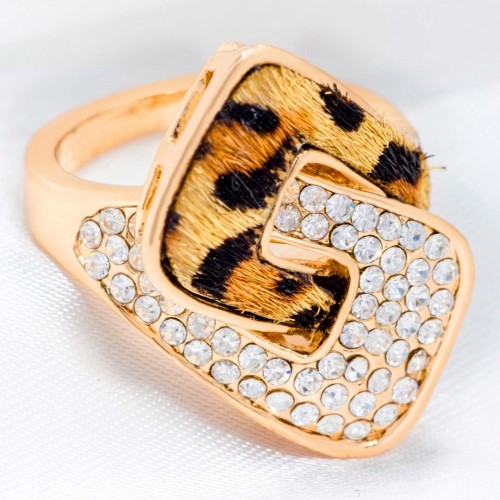 Ring MY LEO & ME BEIGE GOLD Gold and Leopard Gold plated with fine gold Crystal and synthetic fur