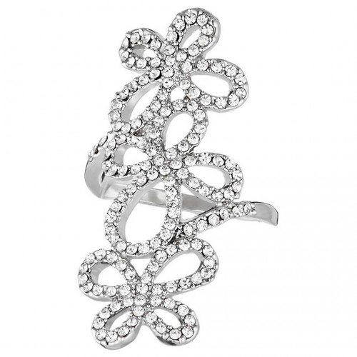 FLOERINE White Silver Cocktail Ring openwork pavé Floral Silver and White Rhodium Crystal