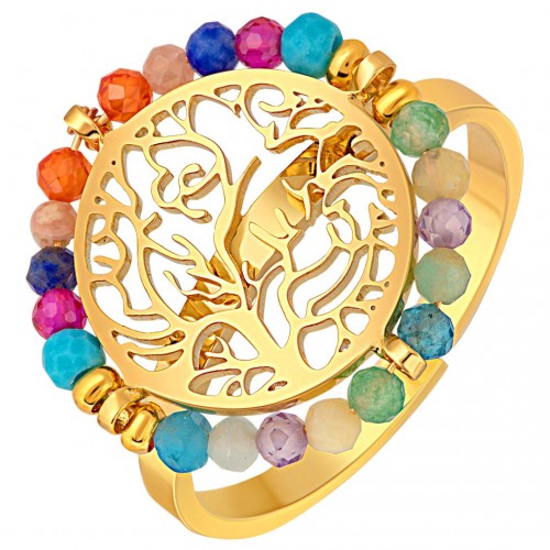 Ring EVACOLA STEEL Color Gold Flexible adjustable openwork cabochon Tree of life Gold Multicolor Stainless steel Crystal