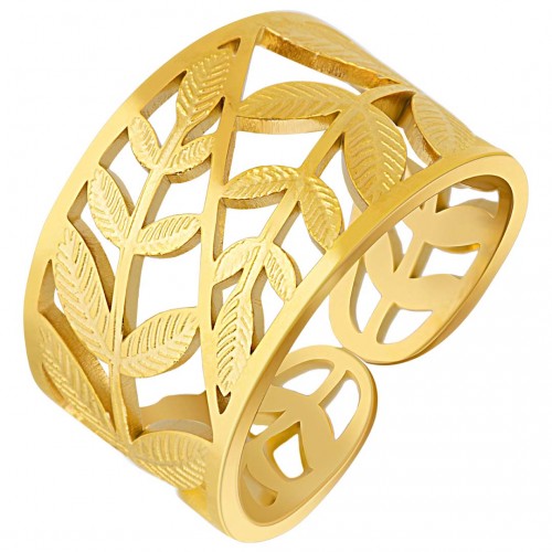 Ring LEAF STEEL Gold Flexible adjustable openwork bangle Golden Leaves Stainless steel gilded with fine gold