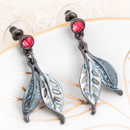 Earrings LIBELLIA CORAL SILVER Silver and Red Coral Rhodium Crystal and enamels