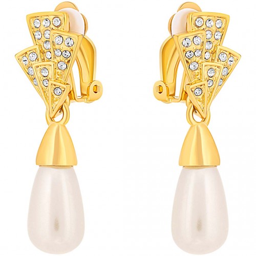 Earrings VENTOLA PEARL Gold Clips dangling fan pavé and pearl in the shape of drop Fine gold gilded Crystal Pearls