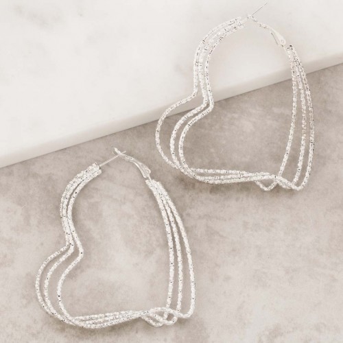 Boucles d'oreilles HEARTY Silver Créoles anneaux Coeur avec ciselures décoratives Argent Rhodium