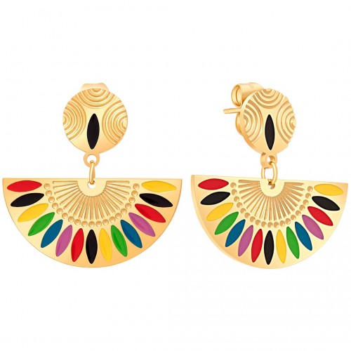 Boucles d'oreilles GYPTOS STEEL Color Gold Pendantes courtes Ethnique amérindien Doré et Multicolore Acier inoxydable émaux