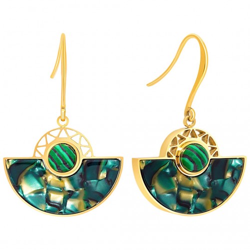 Boucles d'oreilles TANZANA STEEL Green Emerald Gold Pendantes courtes éventail pavé Doré Vert Acier inoxydable Résine Malachite