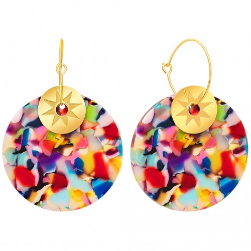 ASTROS STEEL Color Gold earrings Gold and Multicolor Sun disc pendant hoop earrings Stainless steel Resins
