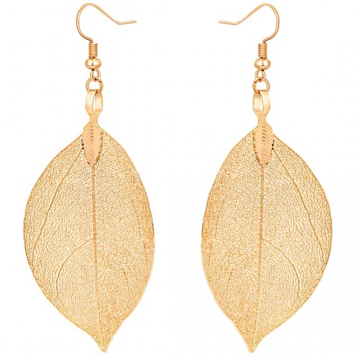 LEAFIE Gold Earrings Long Dangling Golden Leaf Brass gilded with fine gold