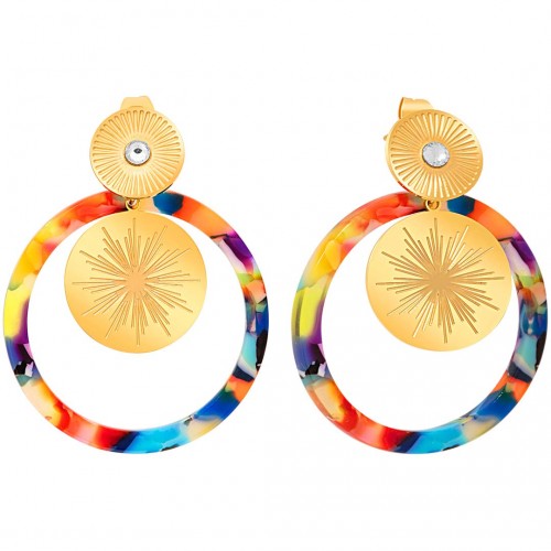Boucles d'oreilles SOEKIS STEEL Color Gold Pendantes ajourées Solaire Doré et Multicolore Acier inoxydable et Résines