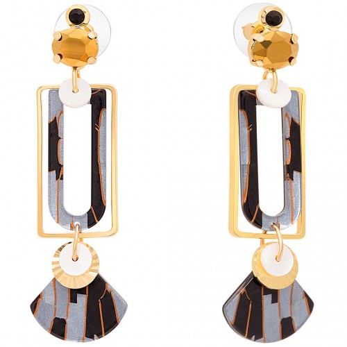 Boucles d'oreilles MELOVA Black & White Gold Pendantes ajourées Contemporain Doré Noir et Blanc Doré à l'or fin Cristal Résines