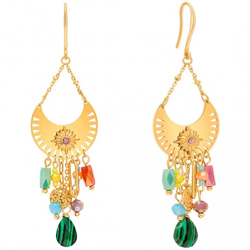 Earrings ESOLANE STEEL Color Gold Openwork pendant Solar Gold Multicolor Stainless steel Green Malachite crystal