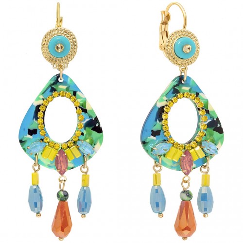 AVENDOL Color Gold earrings Long openwork dangling Baroque Gold and Multicolor Gilded with fine gold Crystal and Resins