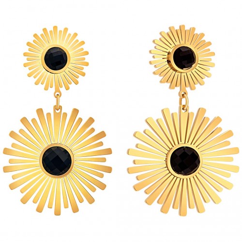 SUNSIA STEEL Black Gold Earrings Mid-length Solar Gold and Black Dangling Stainless steel gilded with fine gold Crystal