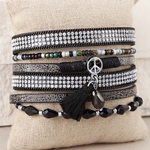 UMANITY BLACK SILVER Bracelet Silver and Black Rhodium and Crystal Imitation Leather