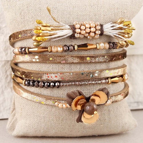 Bracelet COUNTRYSIDE BEIGE GOLD Gold and Rhodium Beige and Crystal Imitation Leather