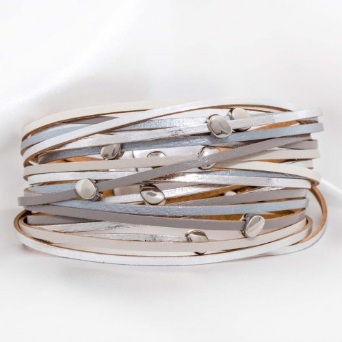 LINOS Gray Silver Bracelet Double turn Multirow Classic timeless Silver and Rhodium Gray and Genuine leather