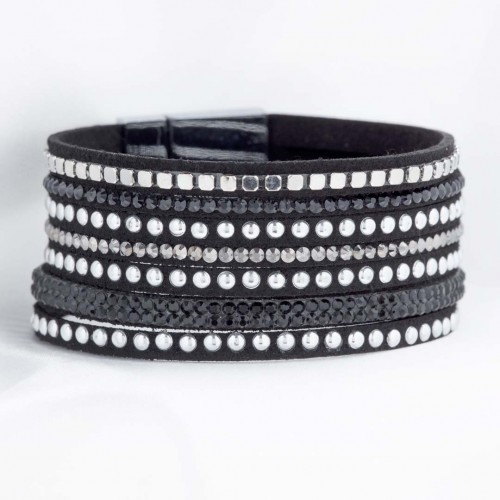 ROCK STAR BLACK SILVER Bracelet Silver and Black Rhodium and Crystal Imitation Leather