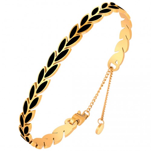 Bracelet NOGUELIA STEEL Black Gold Jonc réglable flexible rigide Feuillage Doré et Noir Acier inoxydable doré à l'or fin émaux
