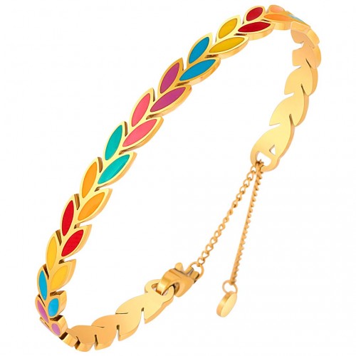 NOGUELIA STEEL Color Gold bracelet Adjustable flexible rigid bangle Multicolored foliage Stainless steel enamels