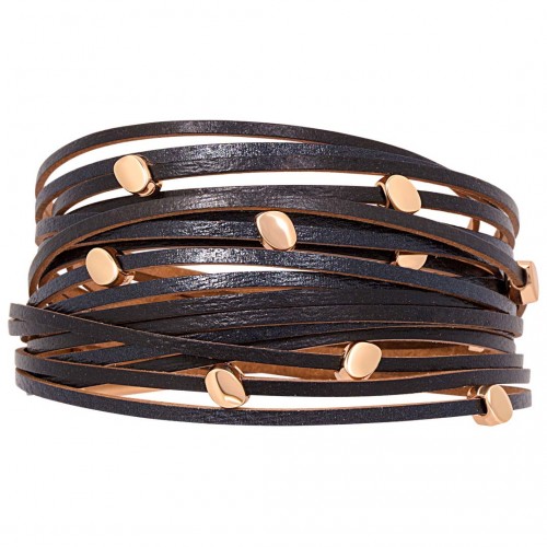 LINOS Black Gold Bracelet Double turn Multirow Classic timeless Gold and Black Gold with fine gold and Genuine leather