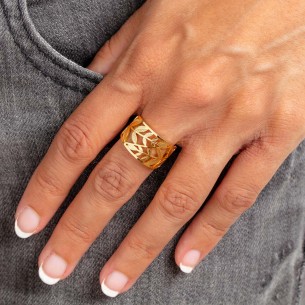 Bague LEAF STEEL Gold Jonc ajouré réglable flexible Feuilles Doré Acier inoxydable doré à l'or fin 2